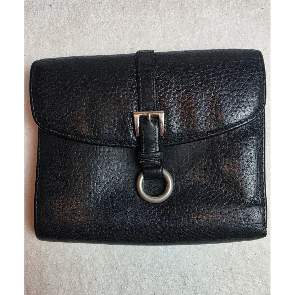 Authentic Black Pebbled Leather Trifold Wallet Buckle Ring Detail Made in Italy